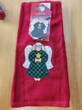  Vintage Embroidered Hand Towel Red Christmas Guest Angle With Stare W/ Pin - $9.50