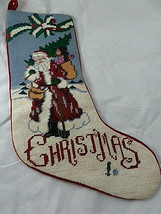 Needlepoint stocking Santa Claus Christmas velvet back 19&quot; Very Nice - $16.62