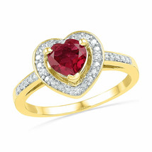 10k Yellow Gold Womens Round Lab-Created Ruby Heart Fashion Ring 1 Cttw - £240.41 GBP