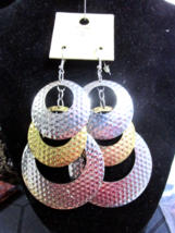 &quot;&quot;Large Silver And Gold Tone Patterned Circles - Long Earrings&quot;&quot; - New On Card - £6.99 GBP