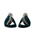 Vintage Green Enamel Silver Tone Triangle Clip On Earrings Abstract Geom... - $15.30