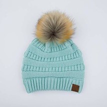 Mint - Beanie Hat Stretch Cable Knit Ribbed Super Soft Faux Fur Pom Pom - £20.60 GBP