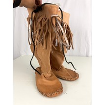 Handmade Brown Leather Moccasin Boots Fringe Fits like 6.5- 7 Hand Stitc... - £21.26 GBP