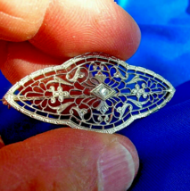 Earth mined Diamond Deco Filigree Brooch Gatsby era Antique Solid 14k White Gold - $1,325.25