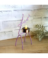 Hand Painted Whimsy Checks Christmas Decor Reindeer Candle Holder &amp; Candle - £21.51 GBP