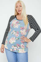 Plus Size Blue Floral Top Featuring Raglan Style Striped Sleeves And A R... - $19.00