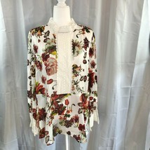 Suzanne Betro 2X Floral High Neck Lace Trim Peplum Top Red White LS NWT - $43.31
