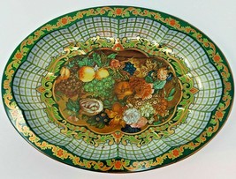 Daher Decorated Wares Metal Tray Green Oval Border Floral Fruit Pattern England - £13.58 GBP