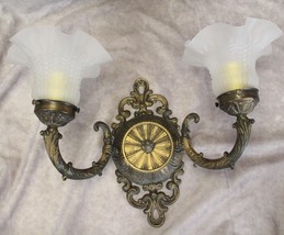 Vintage L&amp;L WMC 2 Arm Sconce Dark Antique Gold Finish Frosted Shade 1969 - $48.99