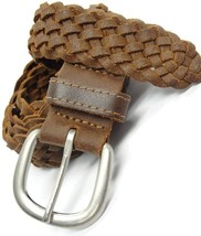 sz 42 Adjustable Belt Brown Leather Weave 1&quot; Wide Classic Silver Tone Bu... - $29.69
