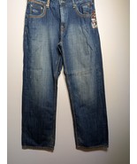 Marc Ecko 36 Relaxed Jeans Blue Medium Wash Distressed Denim Embroidered - $47.54 CAD