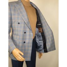 Men's Mono Double Breasted Blazer Super 180s Wool 1523-02 Blue Brown Plaid image 3