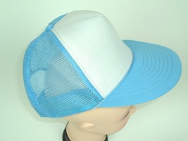 Vtg Cap Snapback Mesh Trucker Hat Flat Blue white Blank Nissin - £14.18 GBP