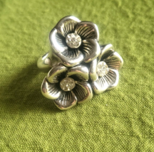 TAXCO 925 Sterling Silver Chunky 3 Flowers Sculpted Ring with Clear Stones 7 - £47.95 GBP