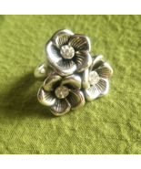 TAXCO 925 Sterling Silver Chunky 3 Flowers Sculpted Ring with Clear Ston... - £47.95 GBP