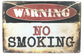 WARNING NO SMOKING Tin METAL SIGN 4 Corner Holes &amp; Hang String 11-3/4 x ... - £11.62 GBP