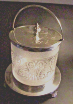 Antique English Victorian Silver Plate &amp; Etched Glass Crystal Biscuit Box Barrel - £157.89 GBP