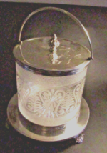 Antique English Victorian Silver Plate &amp; Etched Glass Crystal Biscuit Box Barrel - $199.99