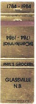 Matchbook Cover Glassville New Brunswick BiCentennial 1784-1984 - $1.92