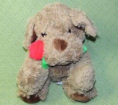 Russell Stover Coco Puppy Dog Plush 10&quot; Stuffed Animal Brown Dog Red Rose Flower - £8.46 GBP