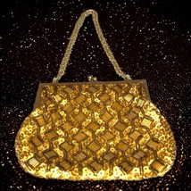 VTG La Regale Gold Beaded Clutch Evening Purse Kiss Clasp Hand Made in Hong Kong - $21.04