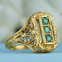 Natural Emerald Vintage Style Filigree Three Stone Ring in Solid 9K Yellow Gold - £518.38 GBP