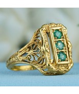 Natural Emerald Vintage Style Filigree Three Stone Ring in Solid 9K Yell... - £511.13 GBP