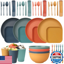 48 Pcs Unbreakable Dinnerware Set, Plates Bowls Mugs Cutlery, Camping Pi... - $38.04