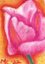Original Oil Pastel Painting ACEO Pink Tulip Flower Floral Miniature Art ATC - £15.87 GBP