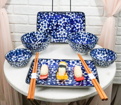 Made in Japan Floral Blossom Blue Motif Ceramic Sushi Dinnerware 8pc Set... - $50.99