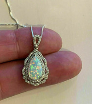 2.20Ct Pear Cut CZ Fire Opal Halo Pendant 14K White Gold Plated 18&quot; Free Chain - $112.49