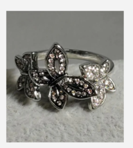 SILVER TRIPLE BUTTERFLY RHINESTONE COCKTAIL RING SIZE 5 6 - £31.59 GBP