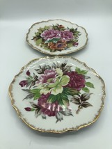 Set of 2 Hand-Painted Floral Design Gold Trim 8 Inch Wall Plates Roses Porcelain - £29.95 GBP