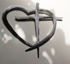 Heart &amp; Cross Mini - Metal Wall Art - Silver Polished Steel 6 1/2&quot; x 6&quot; - £12.16 GBP
