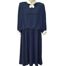 Vintage Liz Roberts Secretary A-Line Dress High Neck Collar Navy Blue Size 14/L - £27.74 GBP