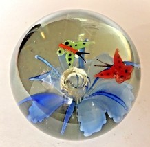 Art Glass Paperweight Flower w Bubble Center 2 Butterflies Murano Style - £31.56 GBP