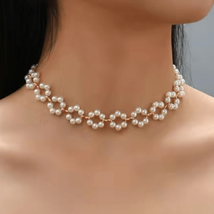 Flower Shape Braid Necklace Faux Pearls Short Choker Necklace - £15.76 GBP