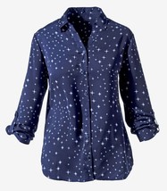 Chicos 2 Button Front Blouse Top Womens L Star Print Blue Versatile Roll Tab Slv - £14.15 GBP