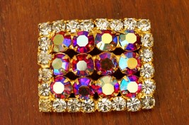 Vintage Costume Jewelry AB Red Rhinestone Gold Tone Square Brooch Pin - £15.70 GBP