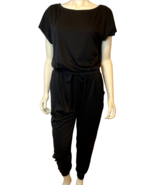 Black Knit Jumpsuit Round Neck Short Sleeve Drawstring Waist Front Pocke... - €16,23 EUR