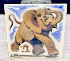 Vintage Tile Elephant And Donkey Hand Painted Signed Addison 4/4 inch - $18.32