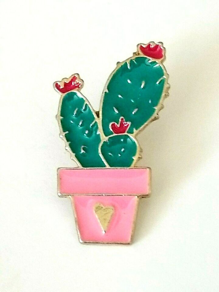 Potted Blooming Cactus Lapel Pin Red Flower Pink Pot Heart Enamel Plant - $9.99