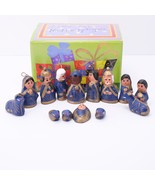 Vintage Mexican Mini Hand Painted 14 Piece Nativity Scene Blue Gold - £36.73 GBP