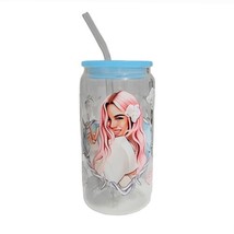 Karol G Clear Glass Tumbler Cup 16 oz UV DTF Design With Glass Straw - £15.90 GBP