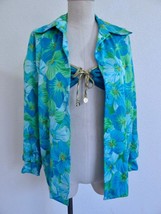 Vtg 70s DeWeese Design Swim Top CoverUp M L Shirt Blouse  Aqua Blue Green Floral - £19.74 GBP