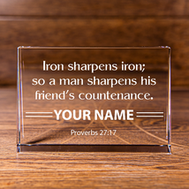 Proverbs 27:17 Iron Sharpens Iron Landscape Cut Wedge Crystal Personalized Chri - £88.08 GBP+