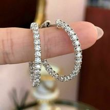 Women 1.25Ct Round Cut Diamond Huggie Hoop Wedding Earrings 14K White Gold Over - £61.82 GBP