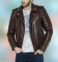 Brown Men&#39;s Genuine Lambskin Leather Stylish Handmade Motorcycle Biker Jacket - $105.91