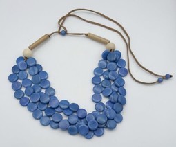 Vintage Blue Marbled  Disc Bead Beaded Necklace Leather Cord Boho Statement - $14.85