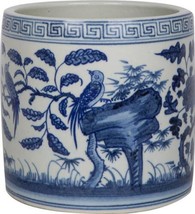 Cachepot Planter Vase Flower Bird Greek Key Blue White Ceramic Hand - £124.18 GBP